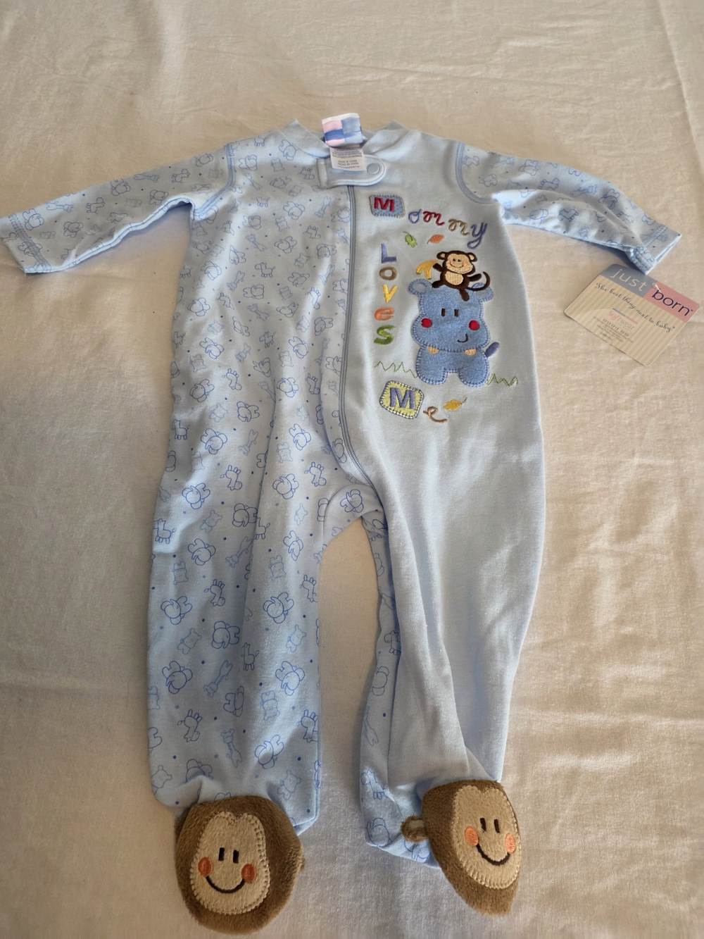 Just Born Light Blue Baby Footed One-Piece with Monkey & Hippo